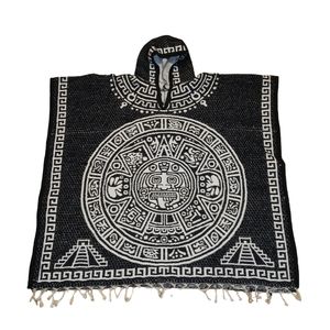 Mexican Poncho with National Emblem and Aztec Calendar Design | Black